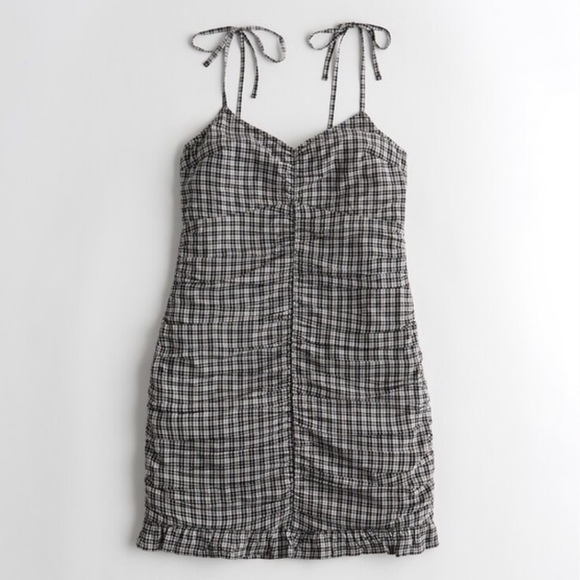 Hollister Dresses & Skirts - Hollister Plaid Ruched Tie Strap Mini Dress Black White Check Size Small